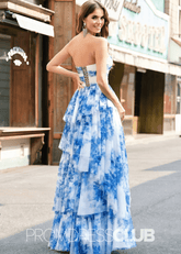 Joyce | White Blue Flower Strapless Tiered Tulle Long Prom Dress - Price #price_variant_lowest# - Blue Floral - PromDressClub